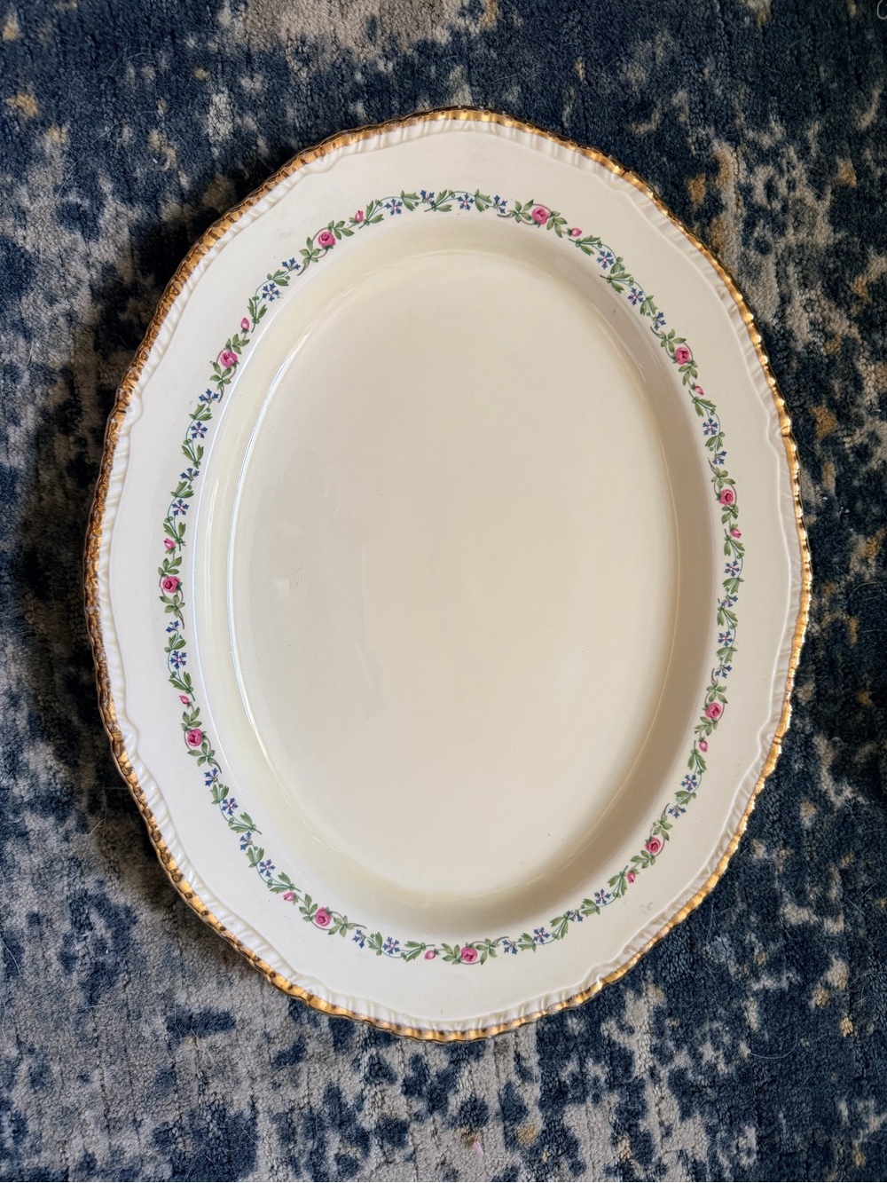 Vintage 1940s Ridgways Staffordshire Platter, Pink Rose & 22K Gold Rim